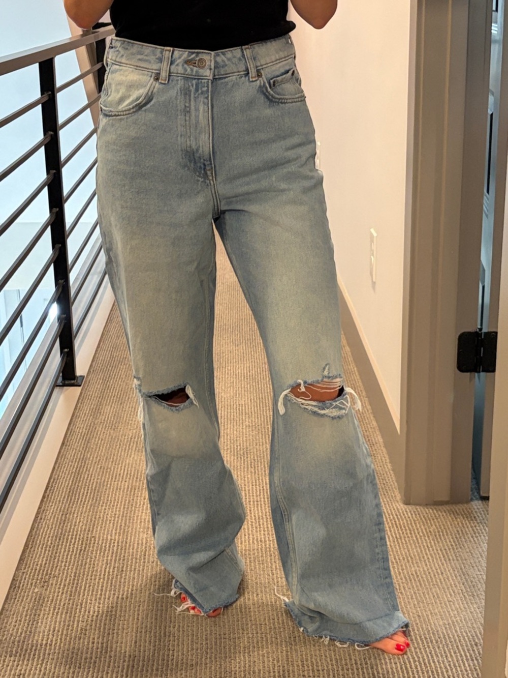 Zara Light Blue Distressed Wide-Leg Jeans